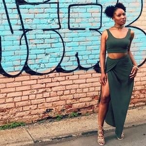 Two Piece Ribbed Olive Skirt Set